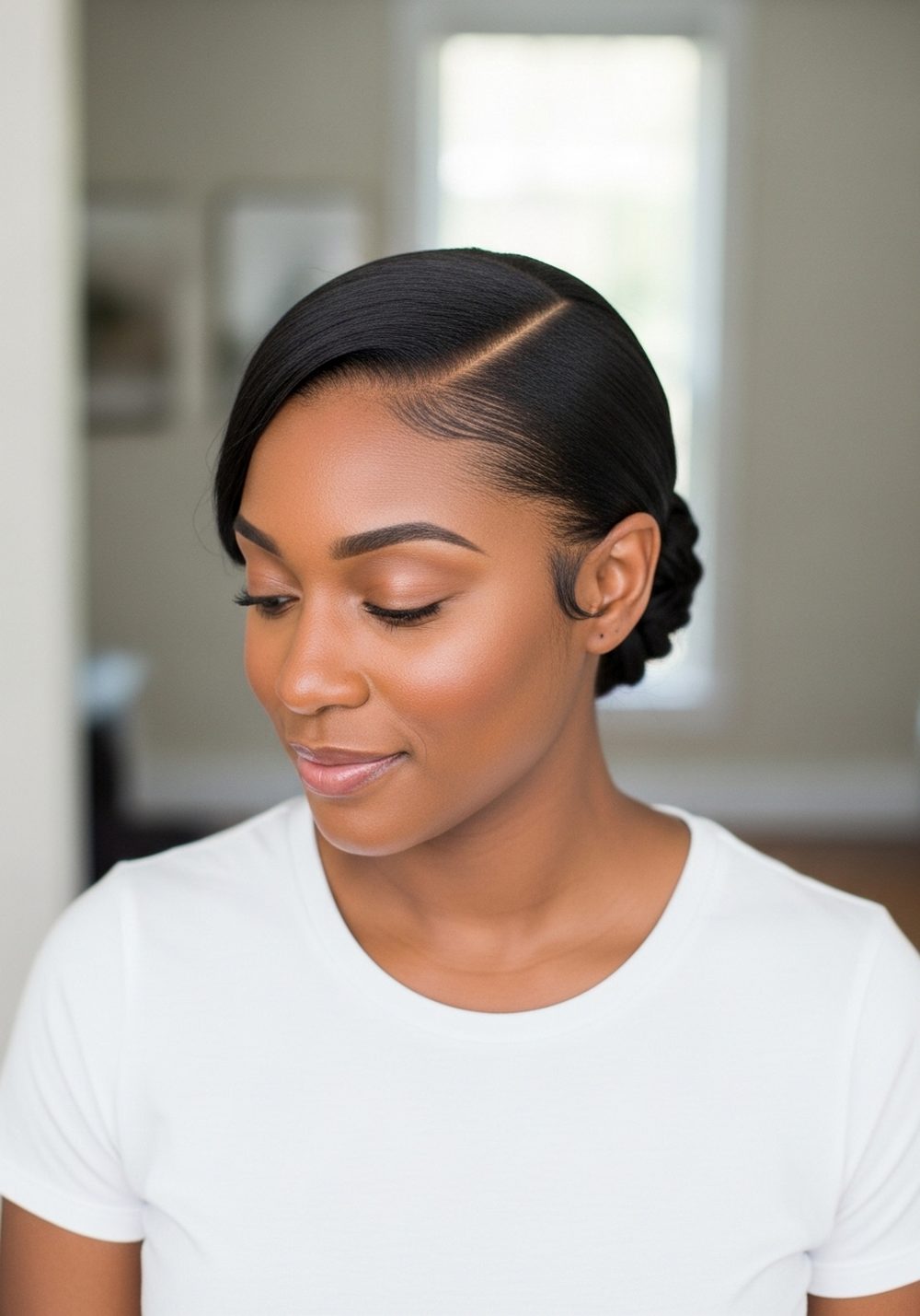 Sleek Low Bun with Side Part Hairstyle