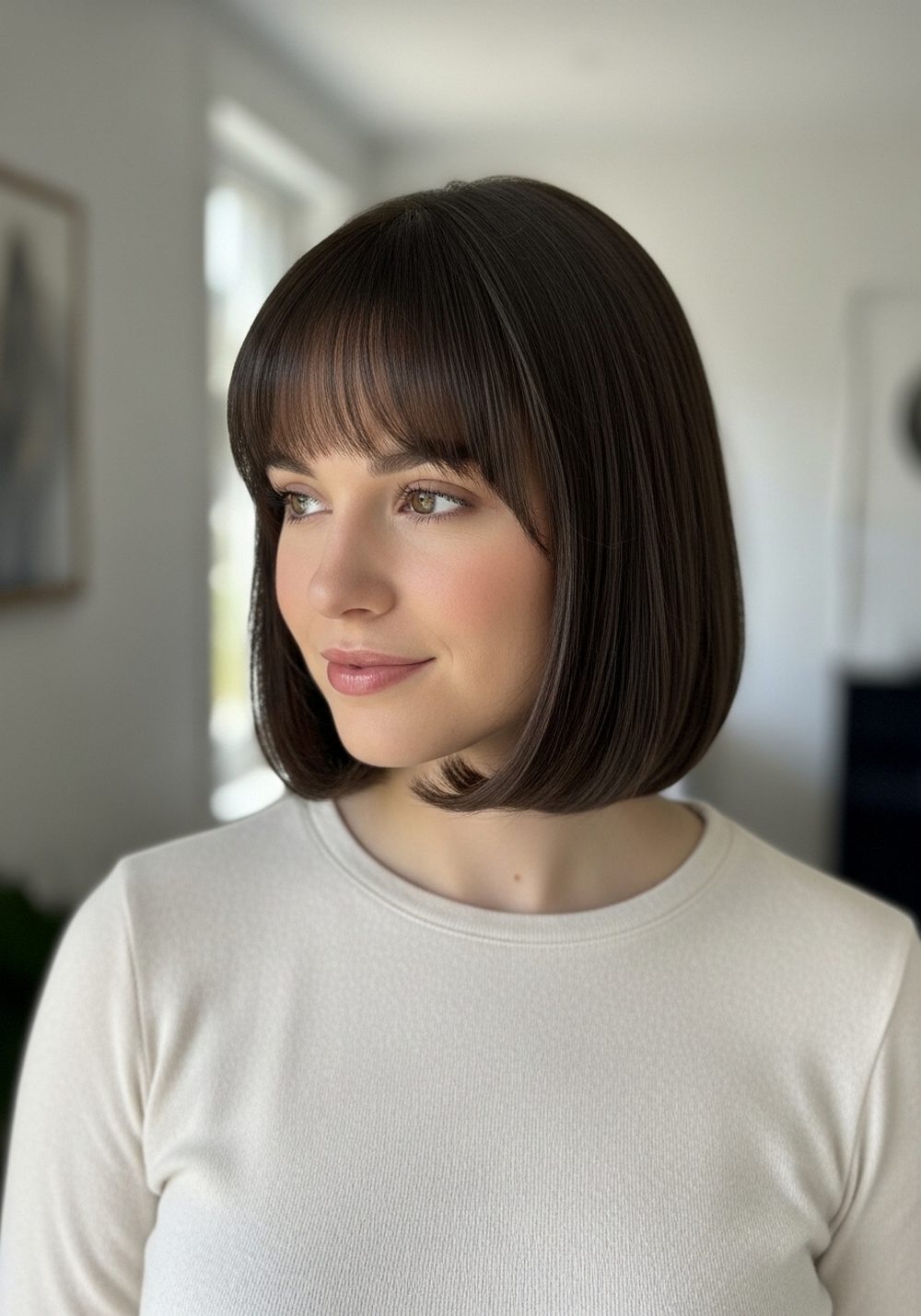 Slightly Curved Under Blunt Bob With Full Bangs Hairstyle