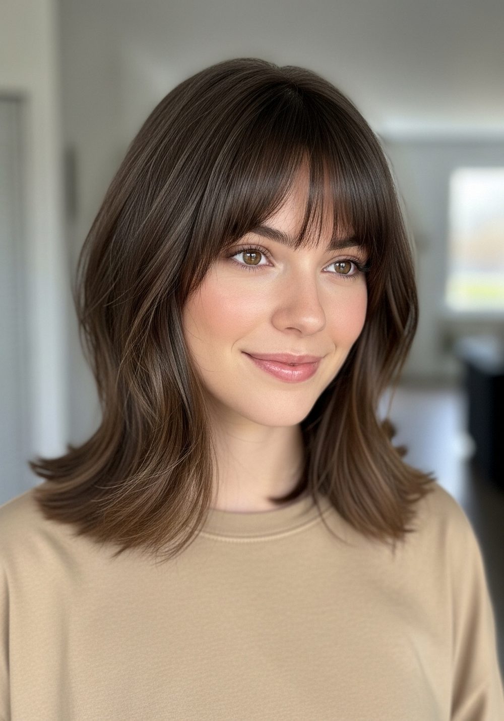 Textured Lob with Full Fringe Hairstyle