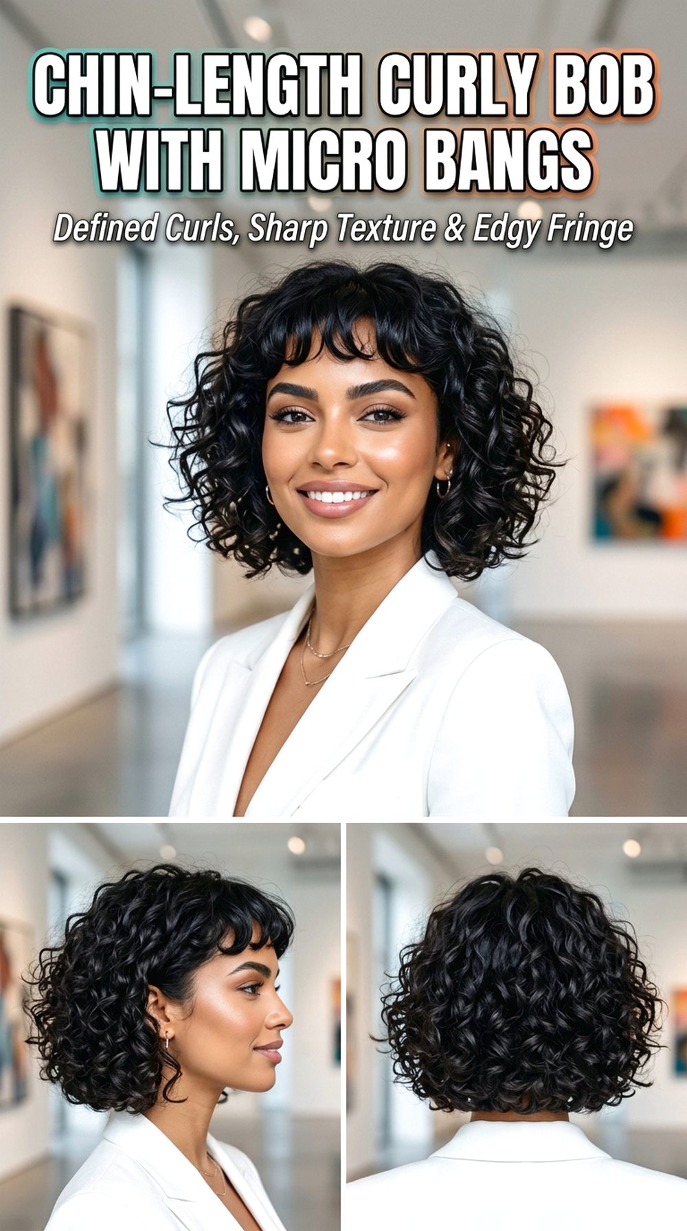 Chin-Length Curly Bob With Micro Bangs