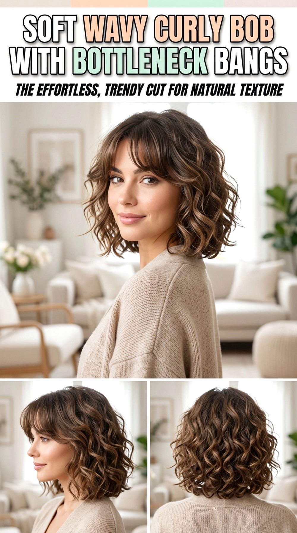 Soft Wavy Curly Bob With Bottleneck Bangs