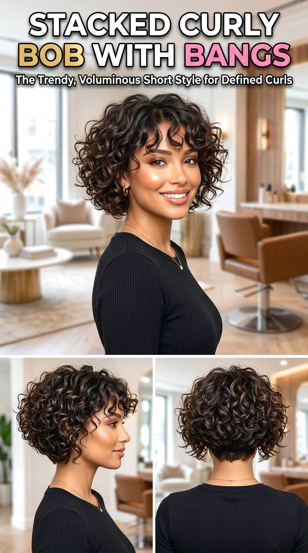Stacked Curly Bob With Bangs