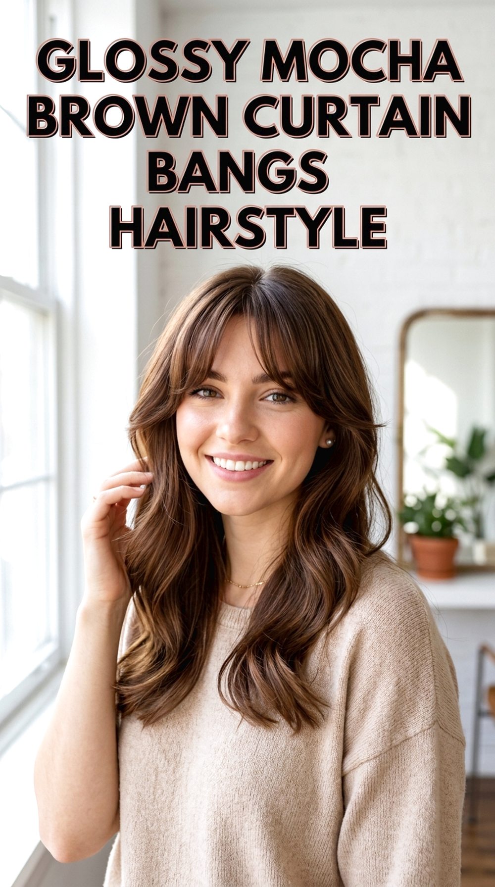 Glossy Mocha Brown Curtain Bangs