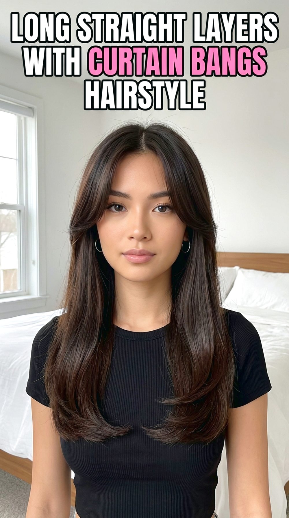 Long Straight Layers With Curtain Bangs
