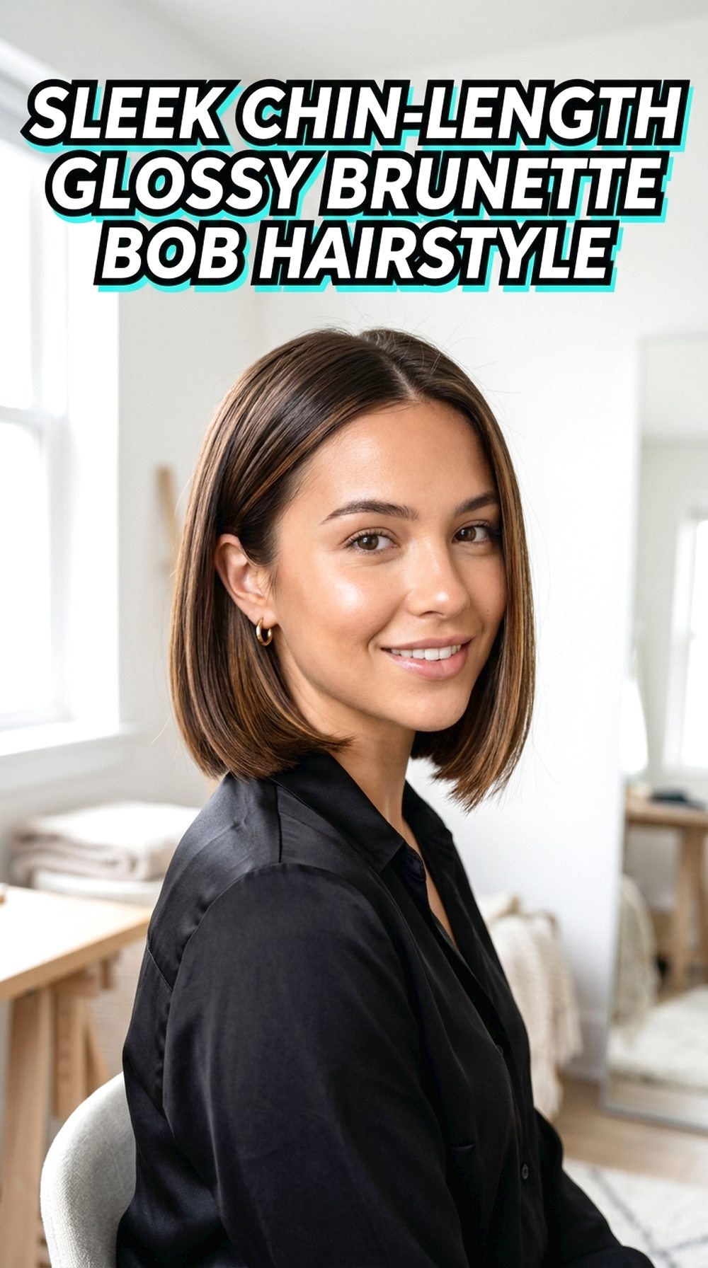Sleek Chin-Length Glossy Brunette Bob