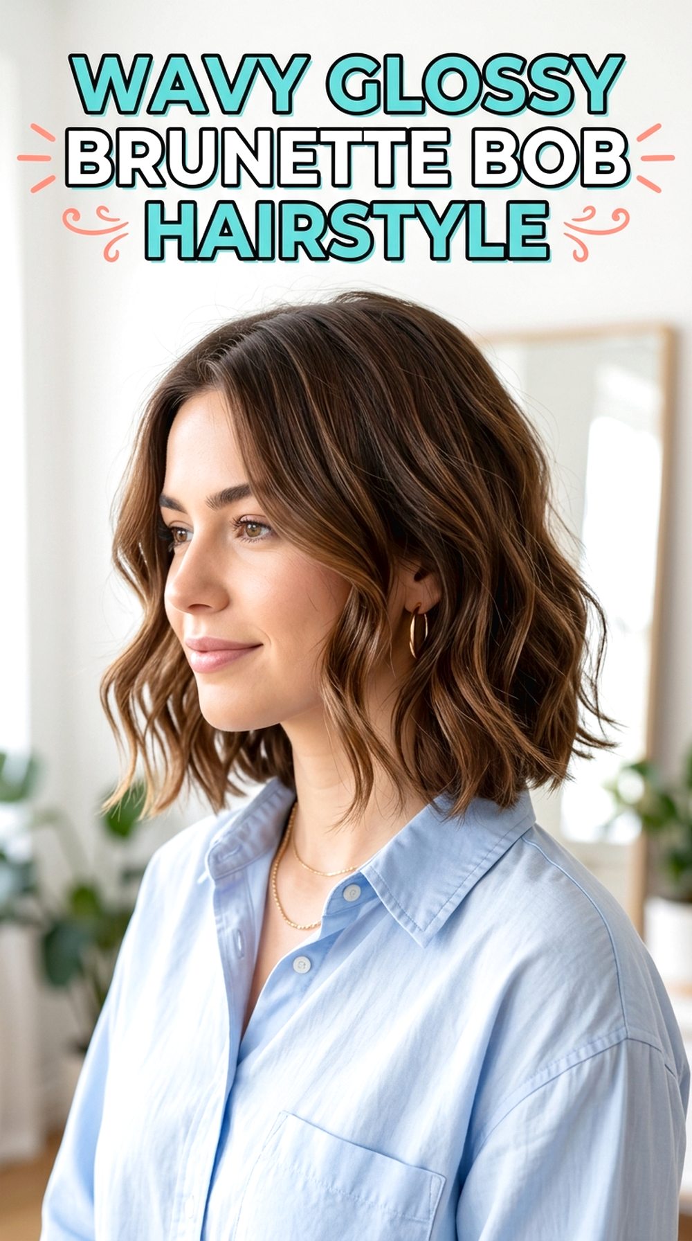 Wavy Glossy Brunette Bob