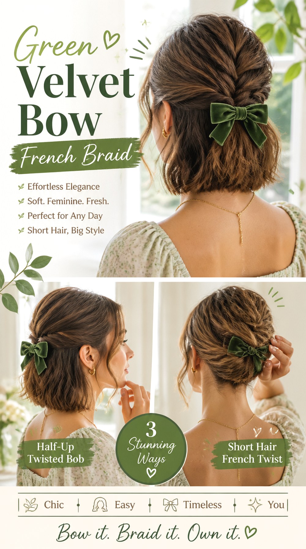 Green Velvet Bow French Braid