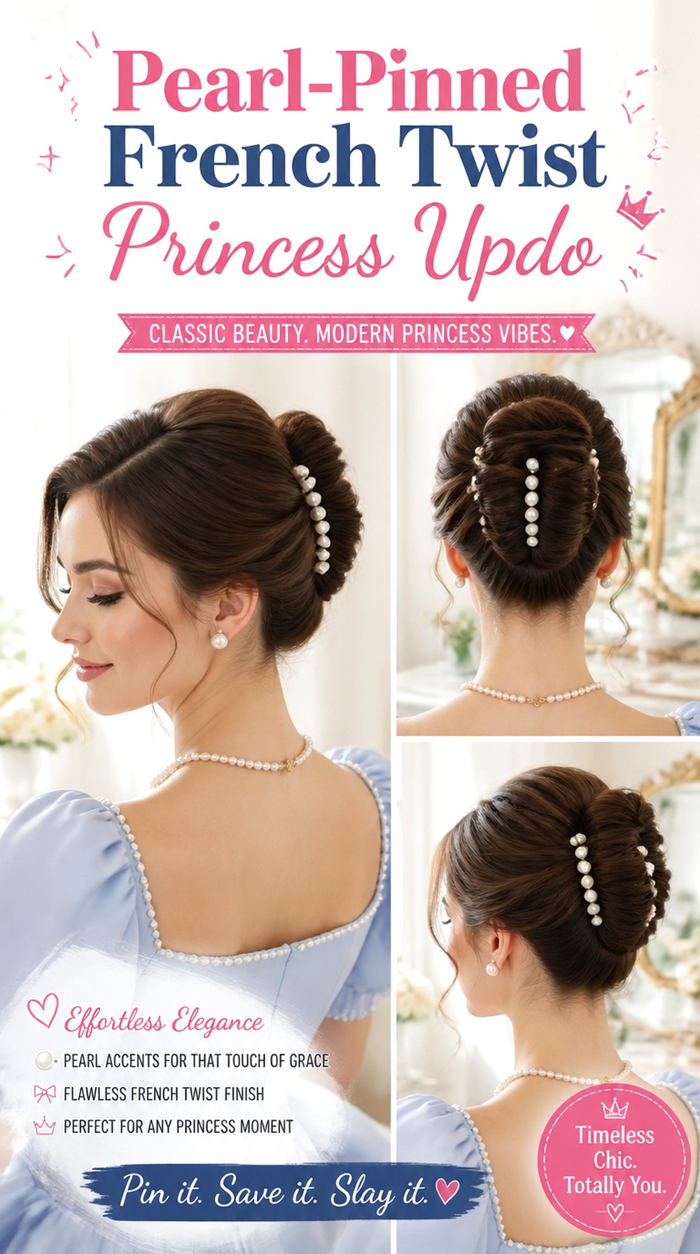 Pearl-Pinned French Twist Princess Updo