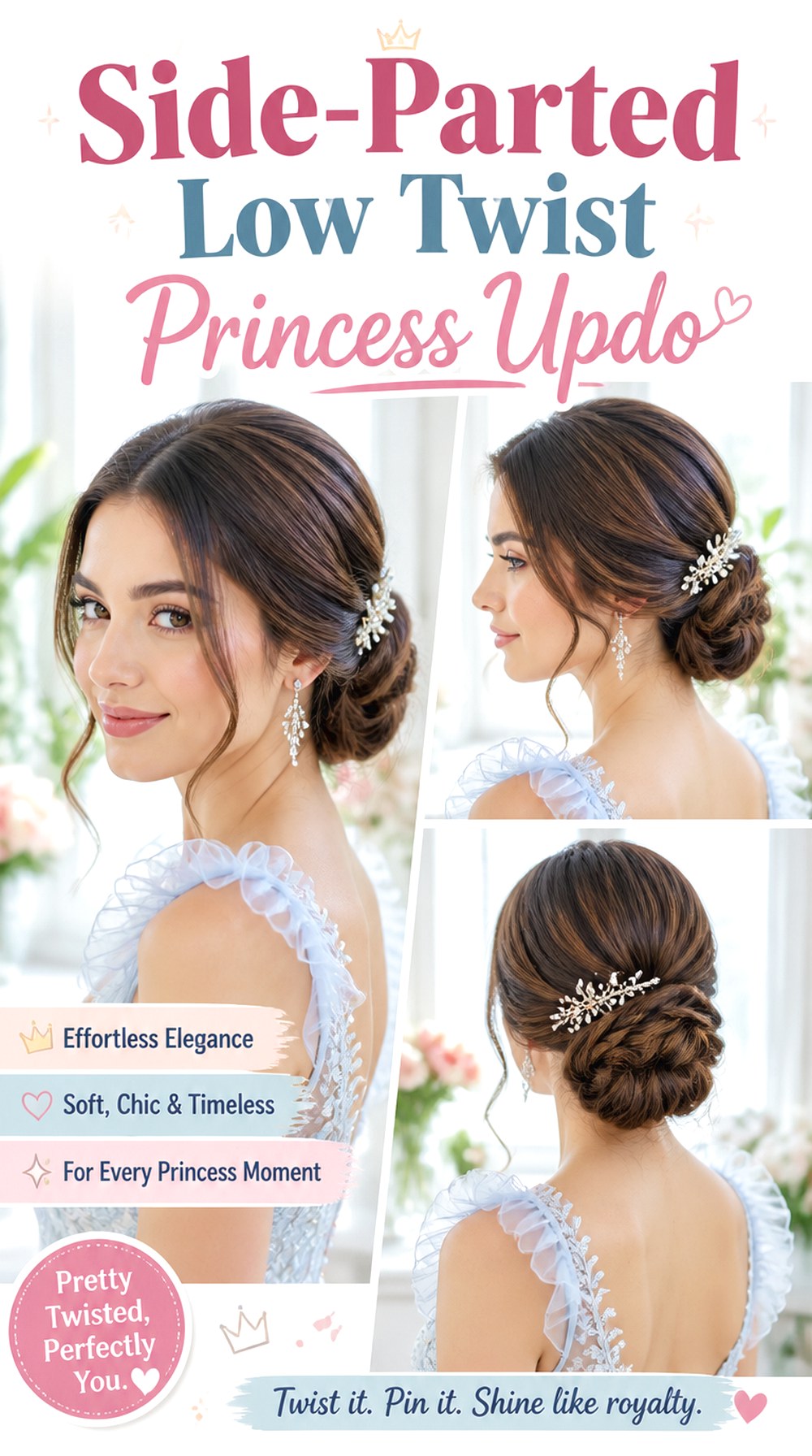 Side-Parted Low Twist Princess Updo