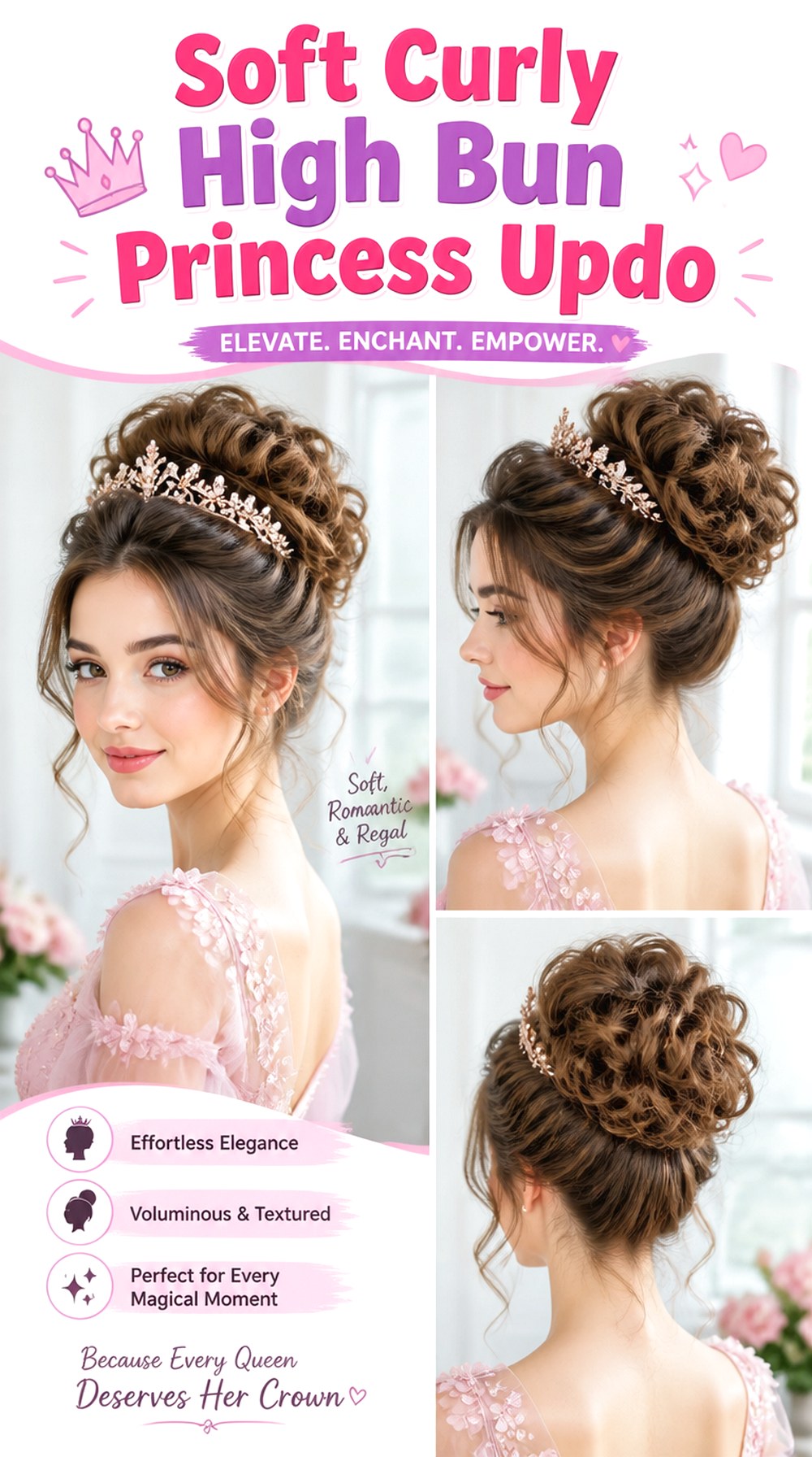 Soft Curly High Bun Princess Updo