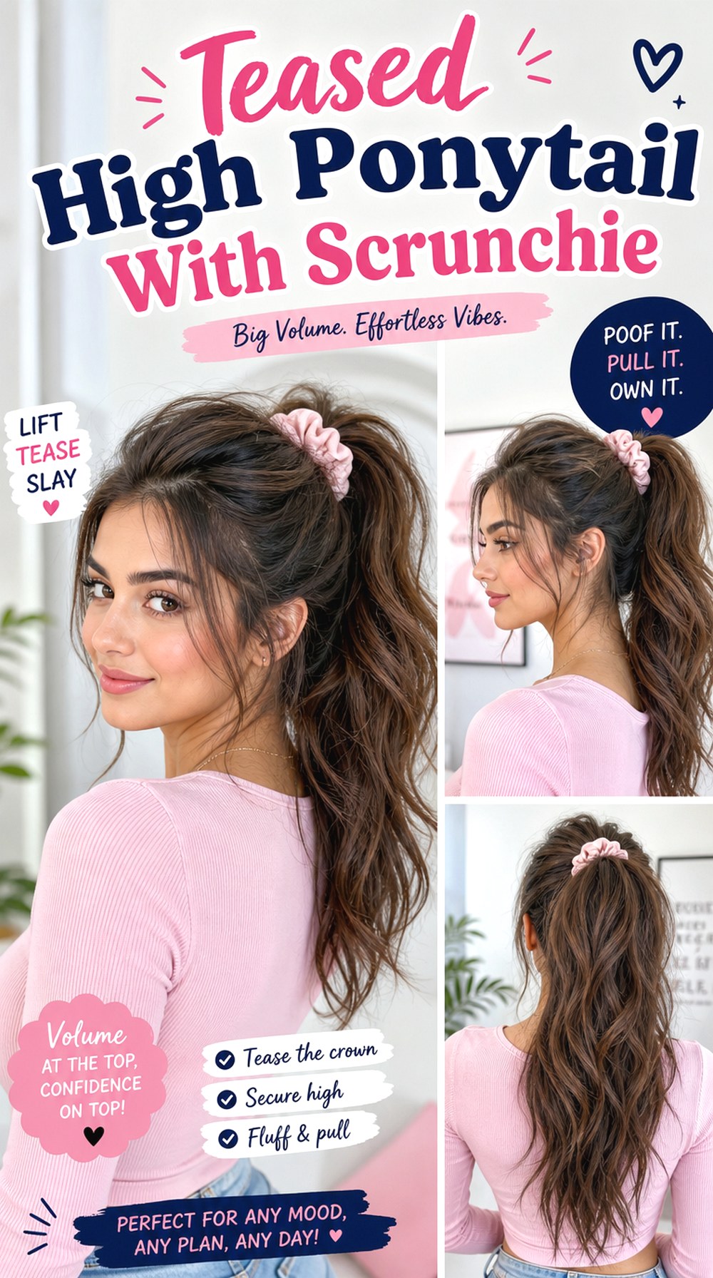 Teased High Ponytail With Scrunchie