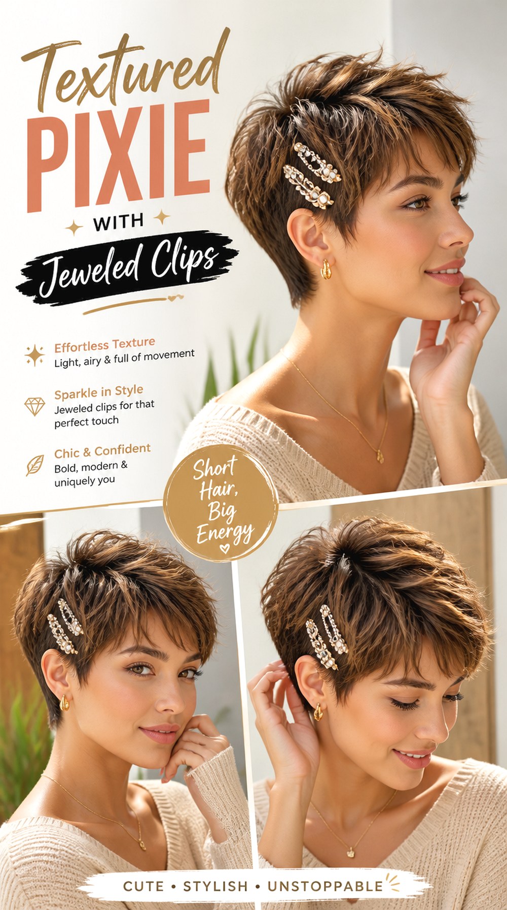 Textured Pixie With Jeweled Clips