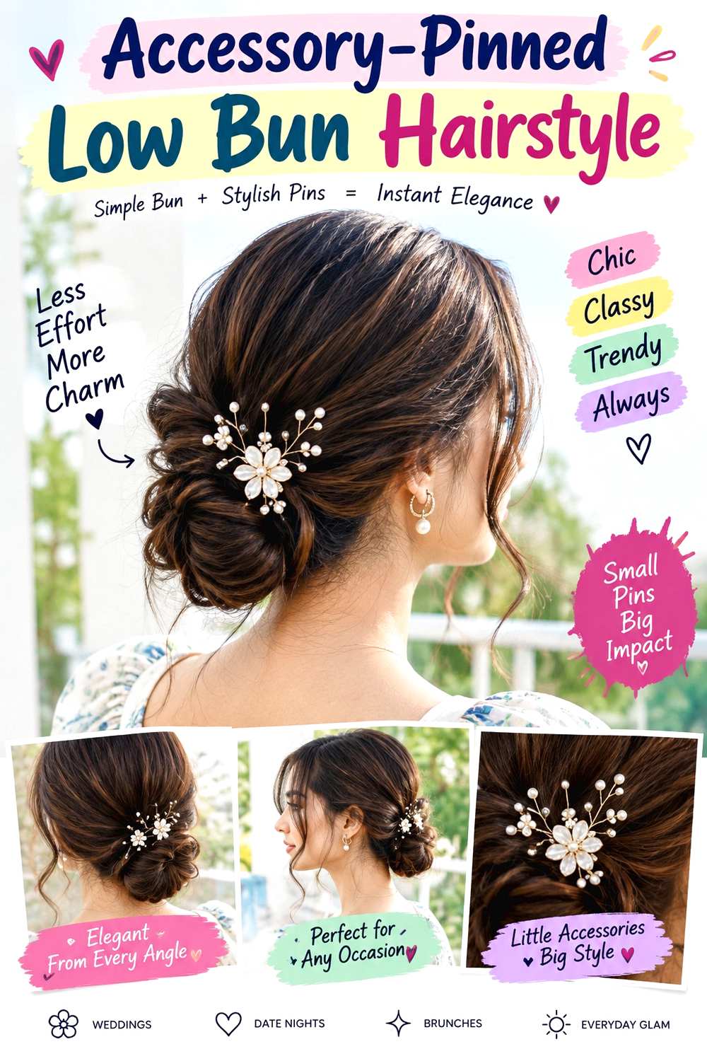 Accessory-Pinned Low Bun Hairstyle