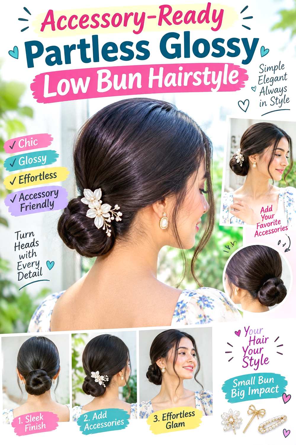 Accessory-Ready Partless Glossy Low Bun Hairstyle