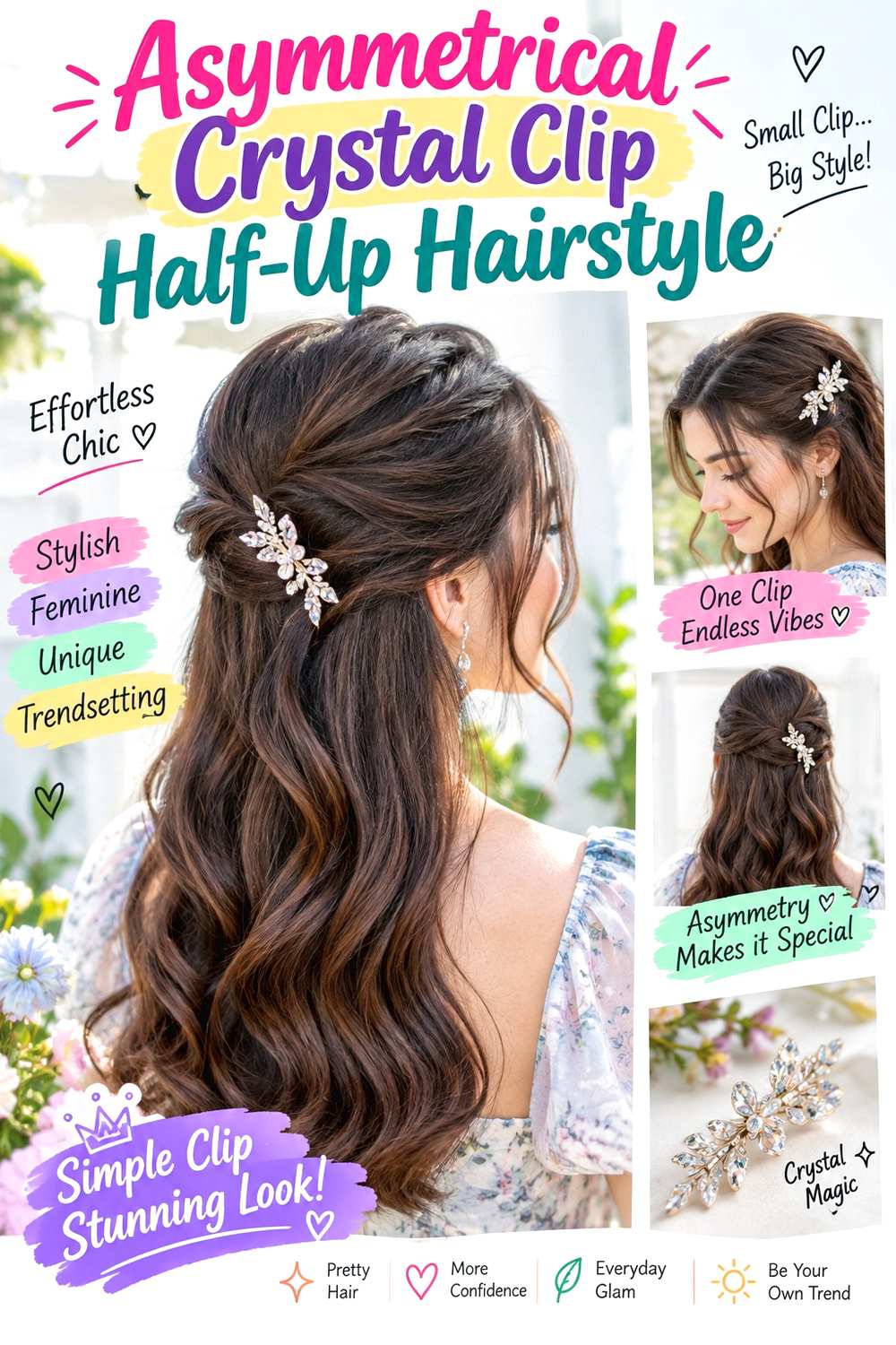 Asymmetrical Crystal Clip Half-Up Hairstyle