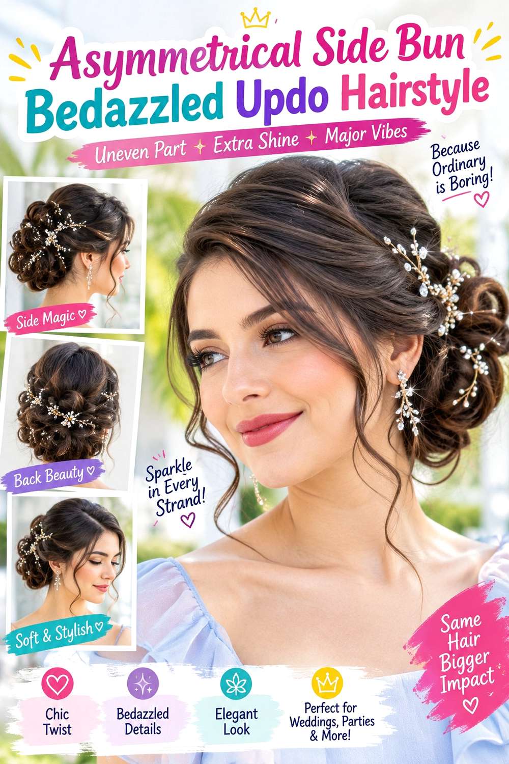Asymmetrical Side Bun Bedazzled Updo Hairstyle