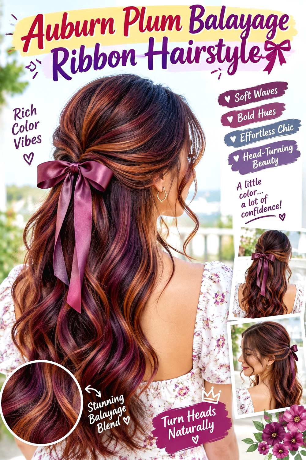 Auburn Plum Balayage Ribbon Hairstyle