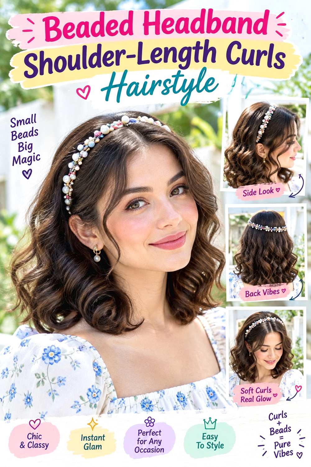 Beaded Headband Shoulder-Length Curls Hairstyle