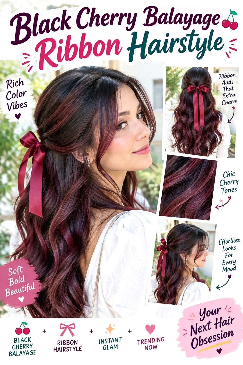 Black Cherry Balayage Ribbon Hairstyle