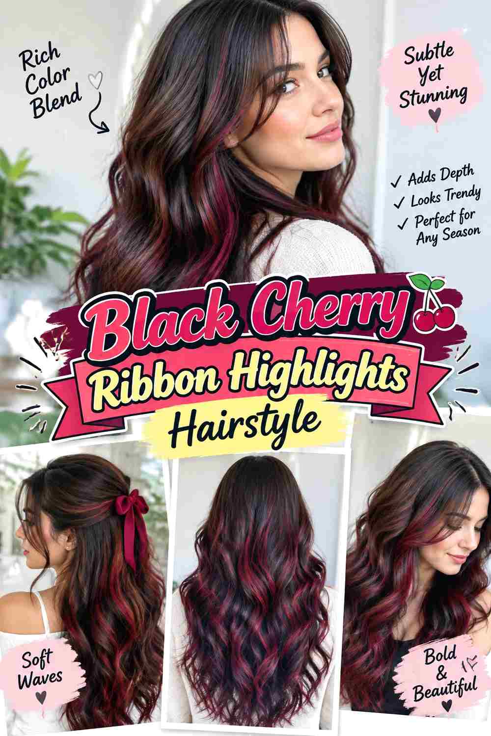 Black Cherry Ribbon Highlights Hairstyle