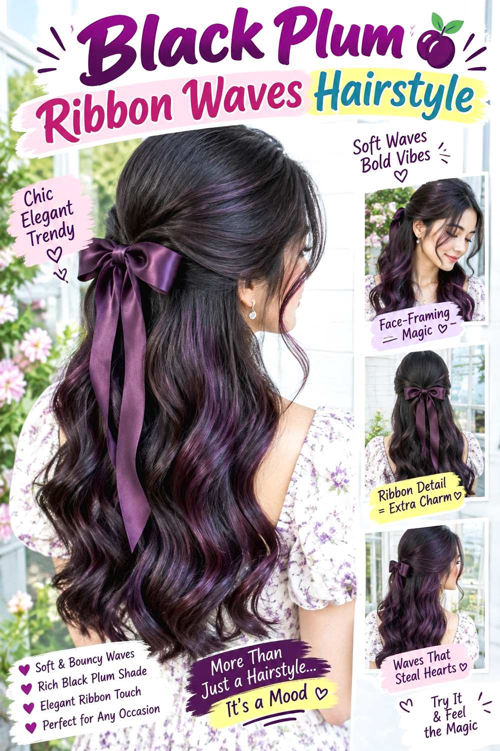 Black Plum Ribbon Waves Hairstyle