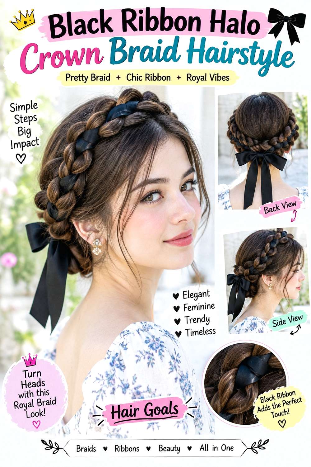 Black Ribbon Halo Crown Braid Hairstyle