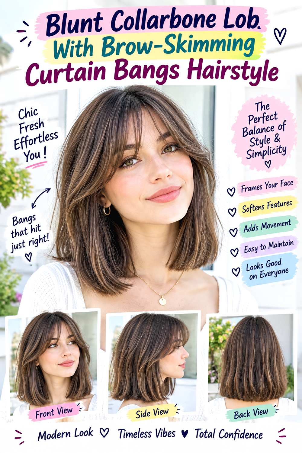 Blunt Collarbone Lob With Brow-Skimming Curtain Bangs Hairstyle