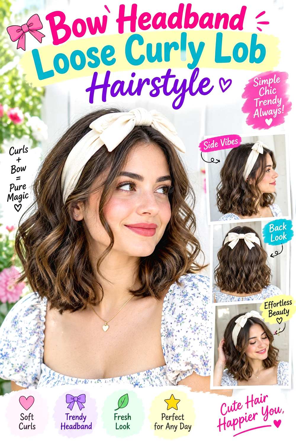 Bow Headband Loose Curly Lob Hairstyle