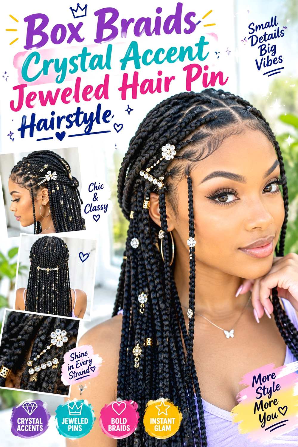 Box Braids Crystal Accent Jeweled Hair Pin Hairstyle