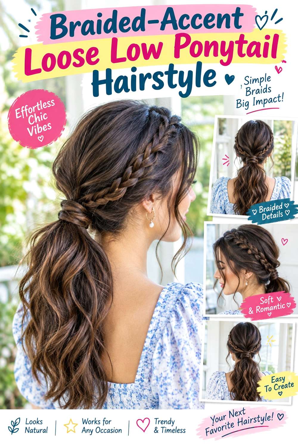 Braided-Accent Loose Low Ponytail Hairstyle