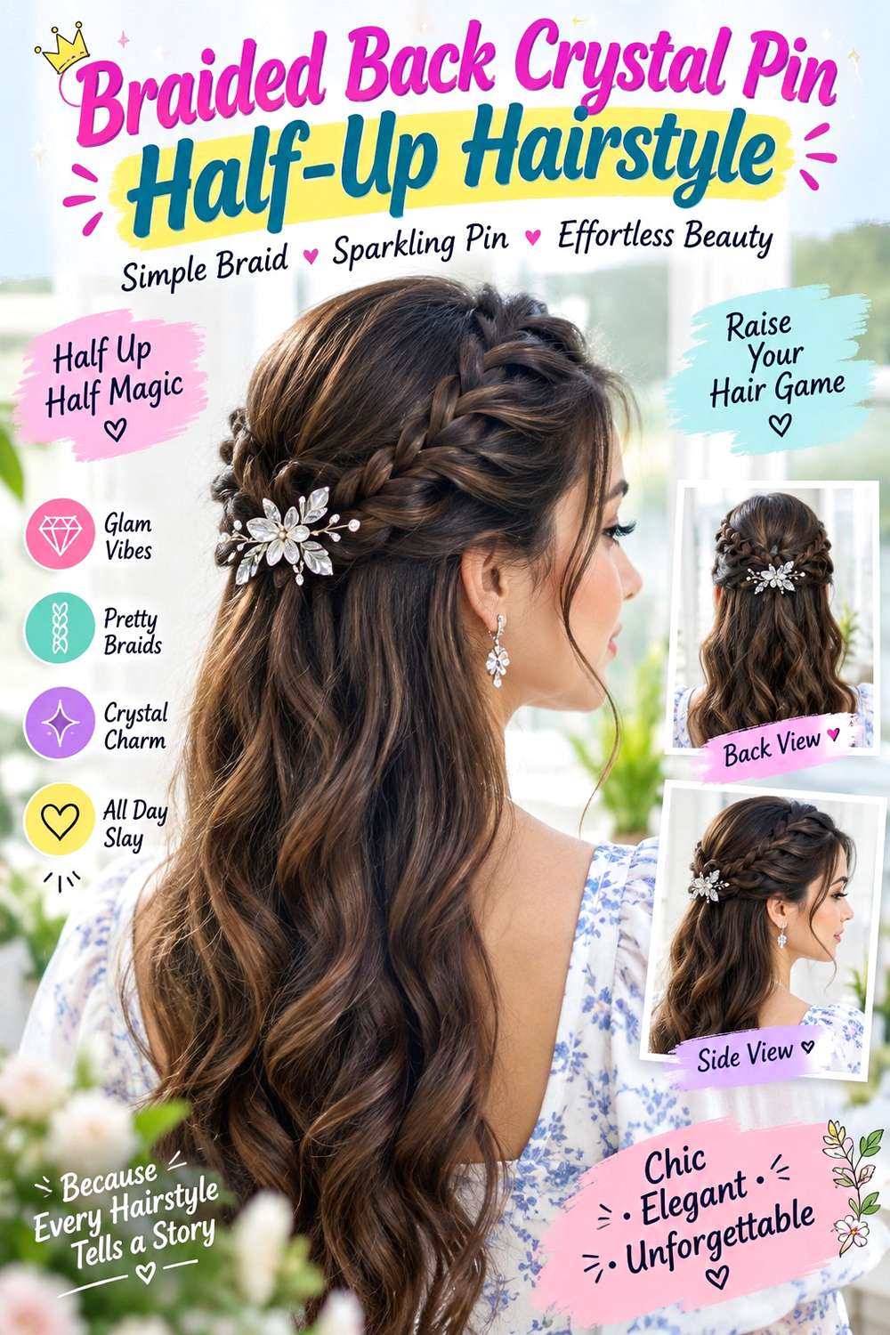 Braided Back Crystal Pin Half-Up Hairstyle