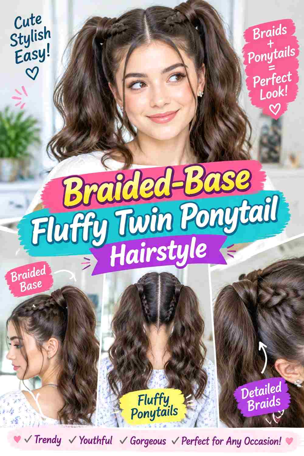 Braided-Base Fluffy Twin Ponytail Hairstyle