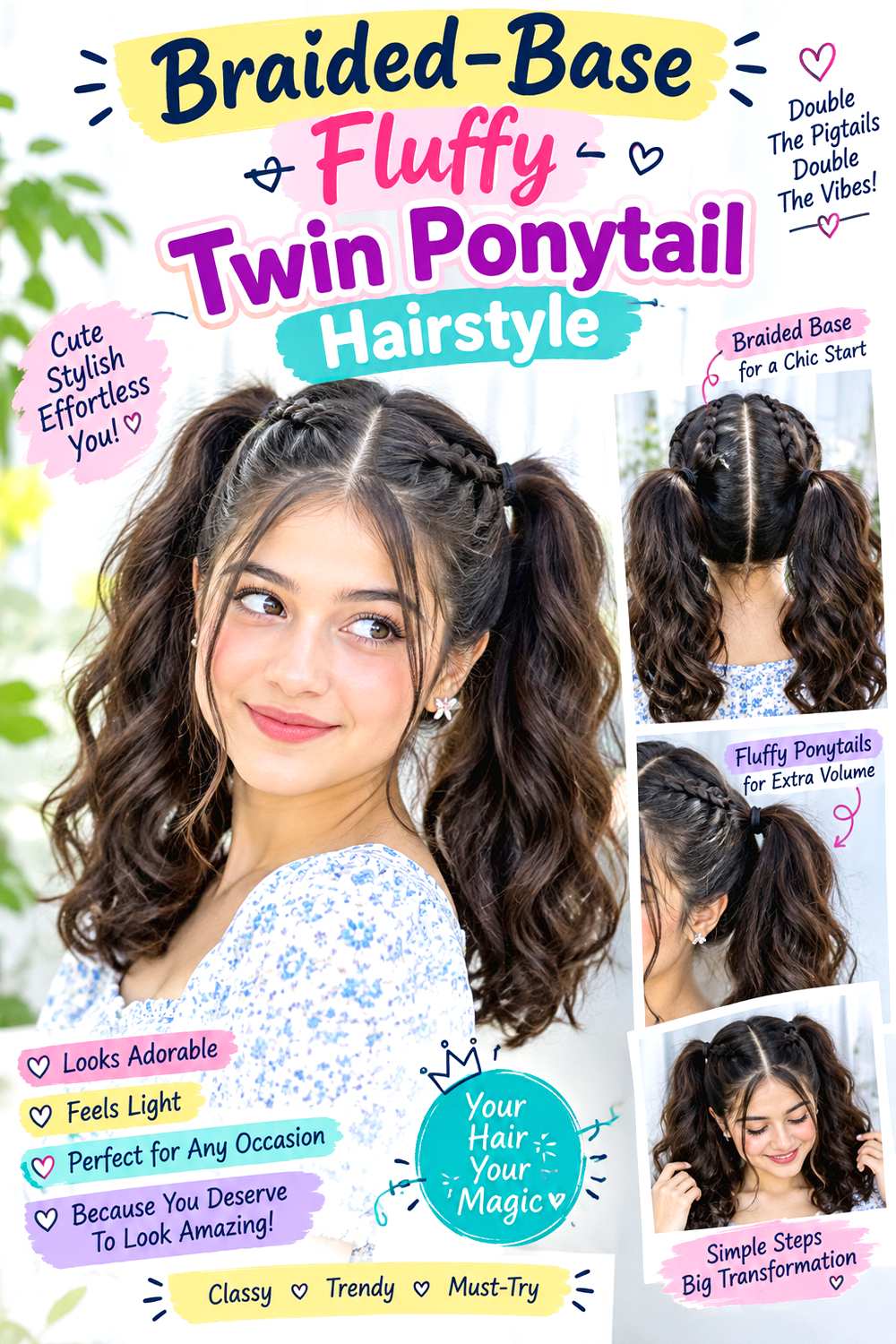 Braided-Base Fluffy Twin Ponytail Hairstyle