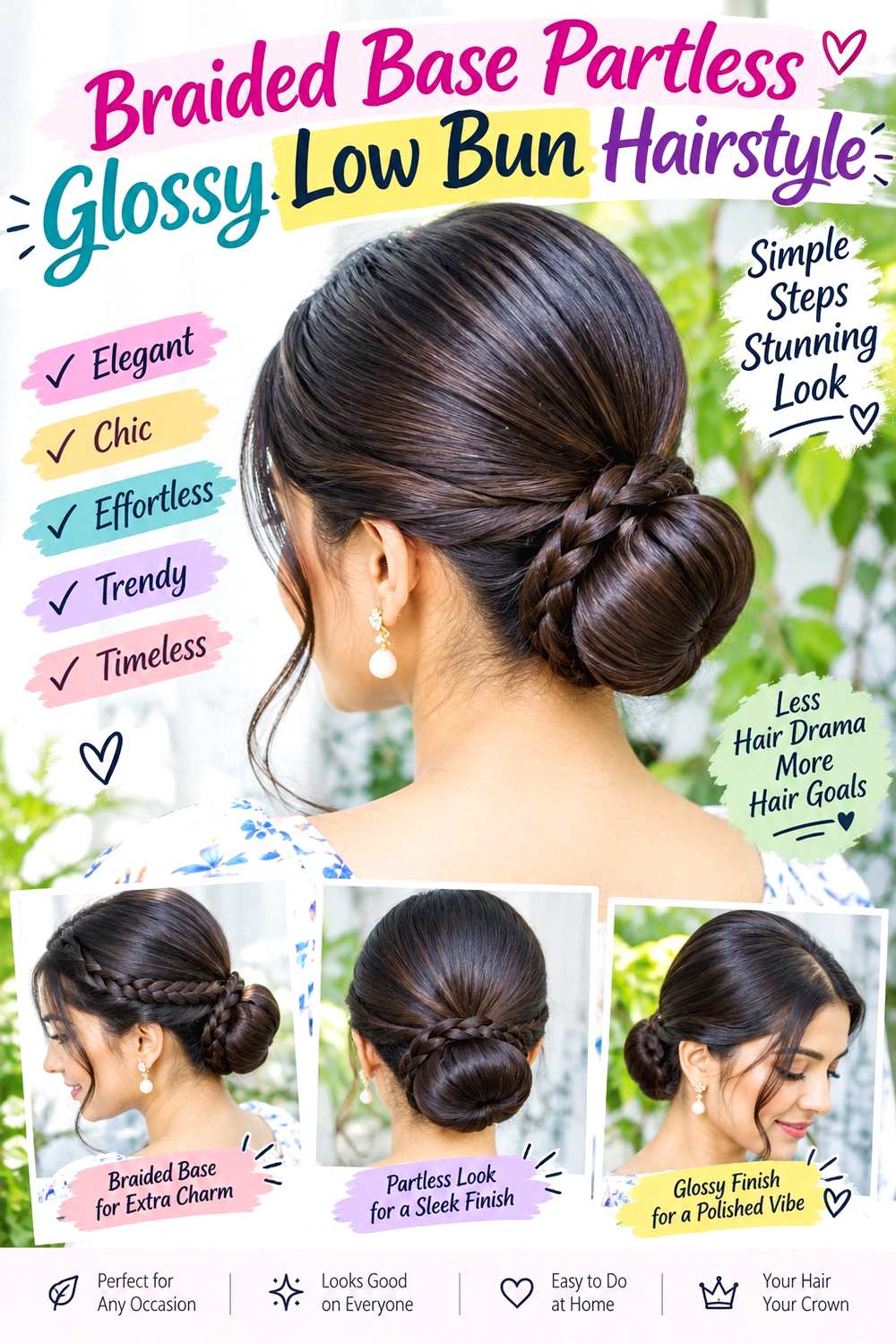 Braided Base Partless Glossy Low Bun Hairstyle