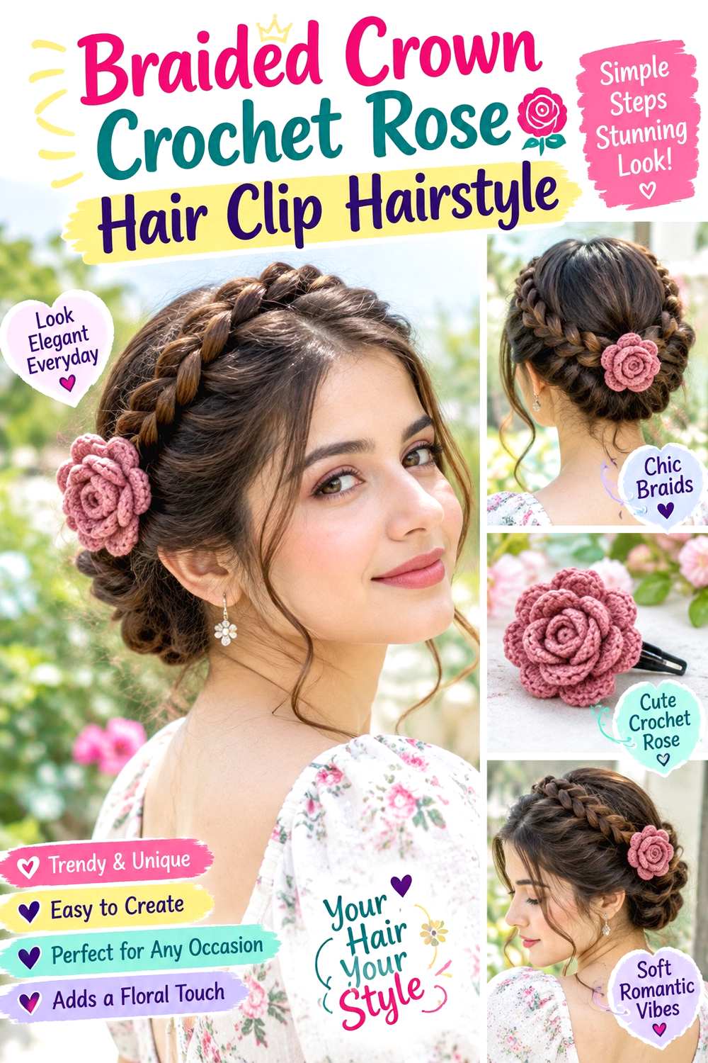 Braided Crown Crochet Rose Hair Clip Hairstyle