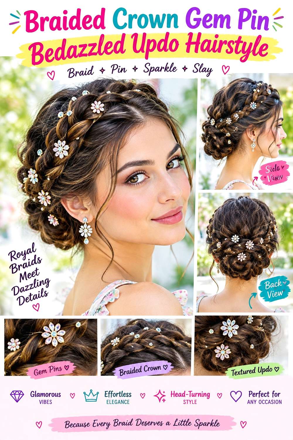 Braided Crown Gem Pin Bedazzled Updo Hairstyle