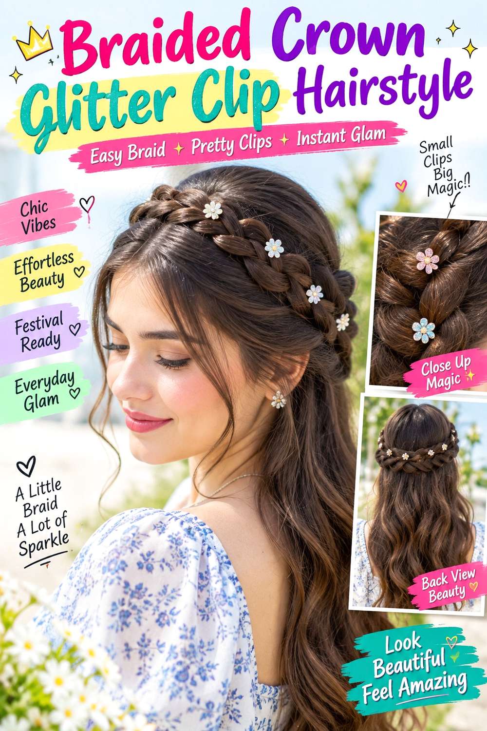 Braided Crown Glitter Clip Hairstyle