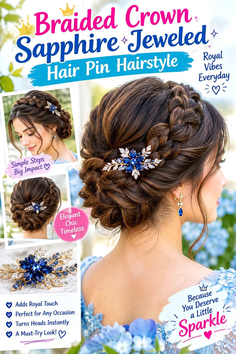 Braided Crown Sapphire Jeweled Hair Pin Hairstyle
