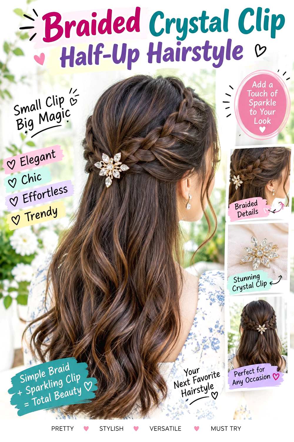 Braided Crystal Clip Half-Up Hairstyle