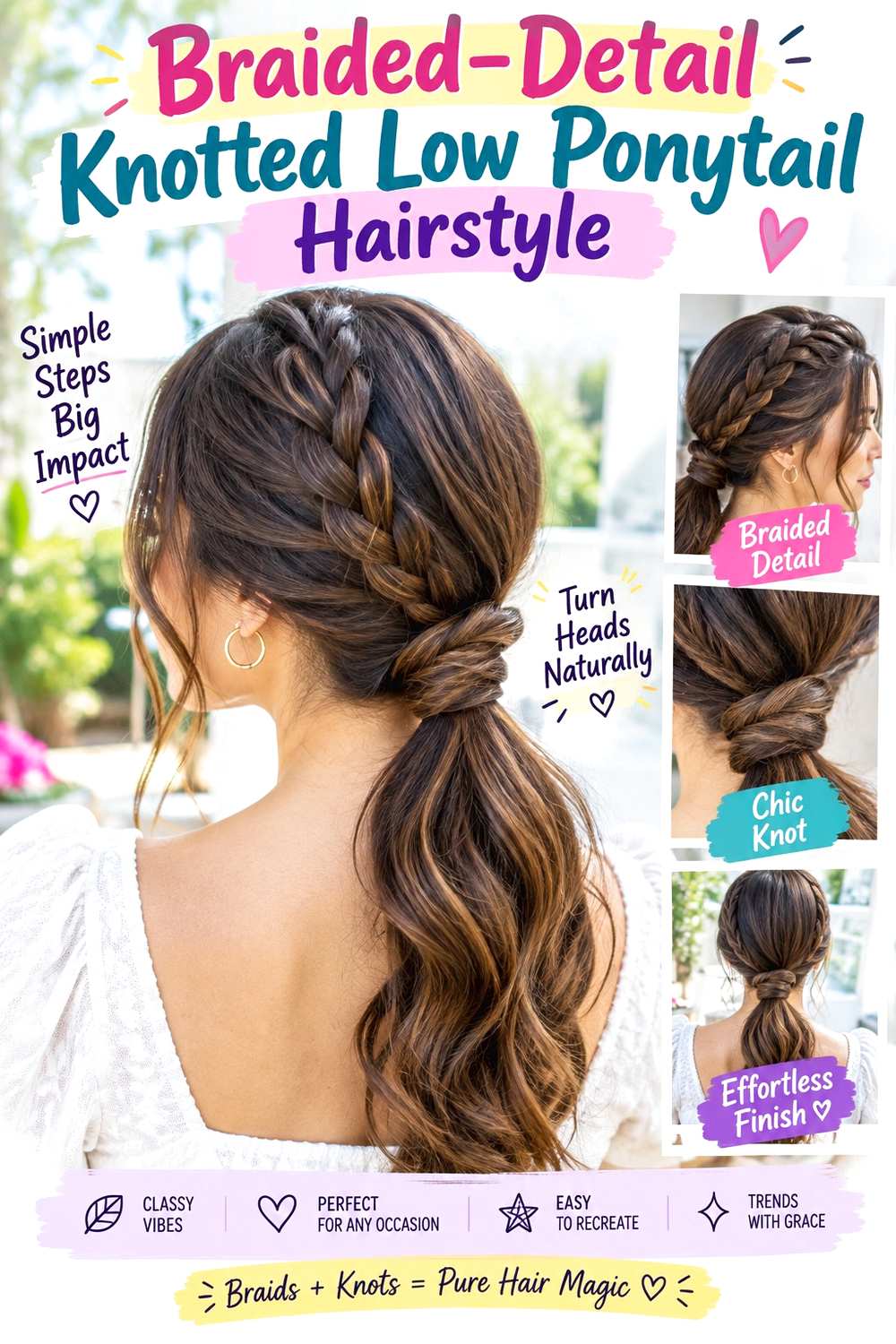 Braided-Detail Knotted Low Ponytail Hairstyle