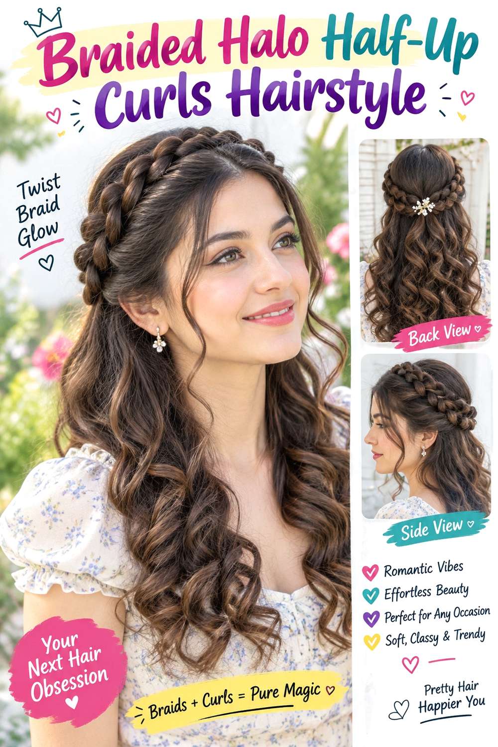 Braided Halo Half-Up Curls Hairstyle