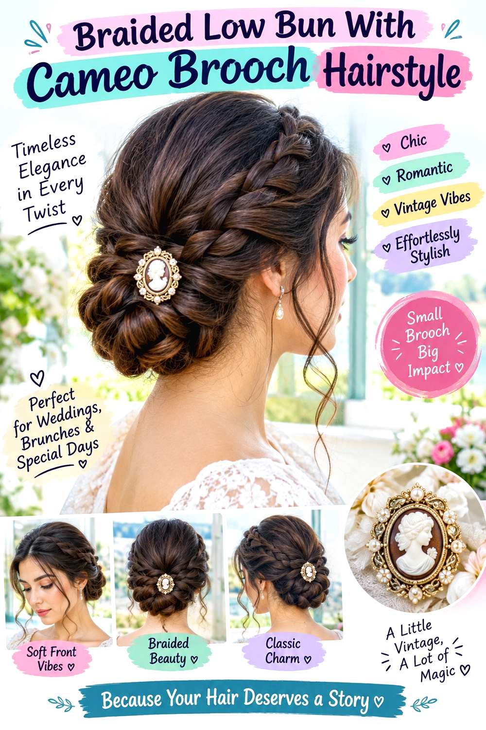 Braided Low Bun With Cameo Brooch Hairstyle