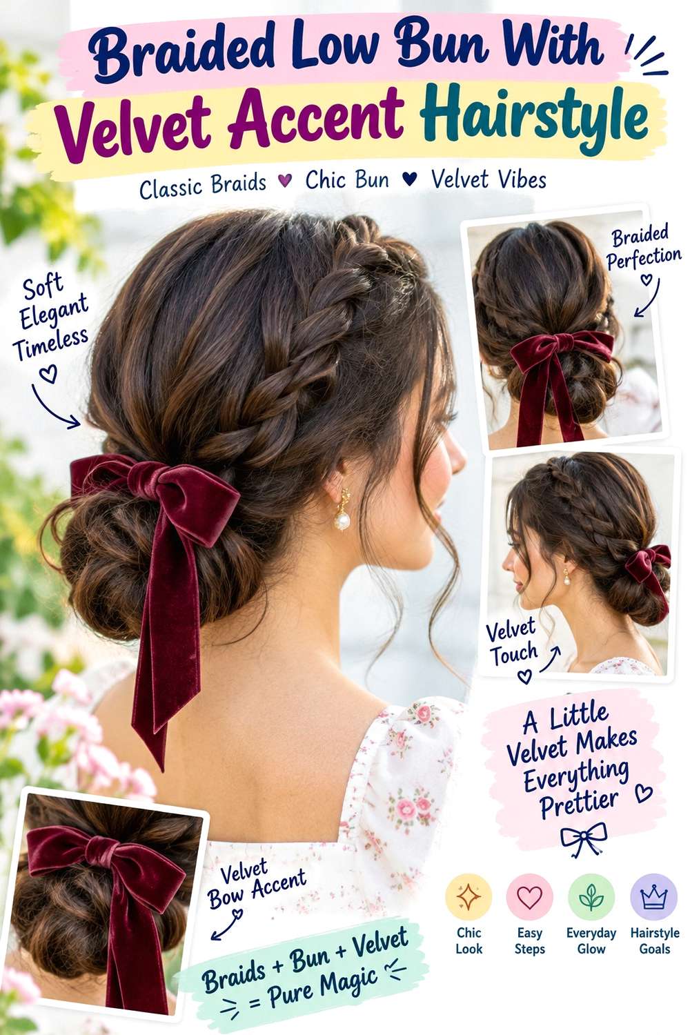 Braided Low Bun With Velvet Accent Hairstyle