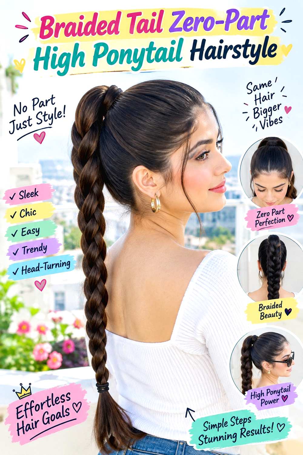 Braided Tail Zero-Part High Ponytail Hairstyle