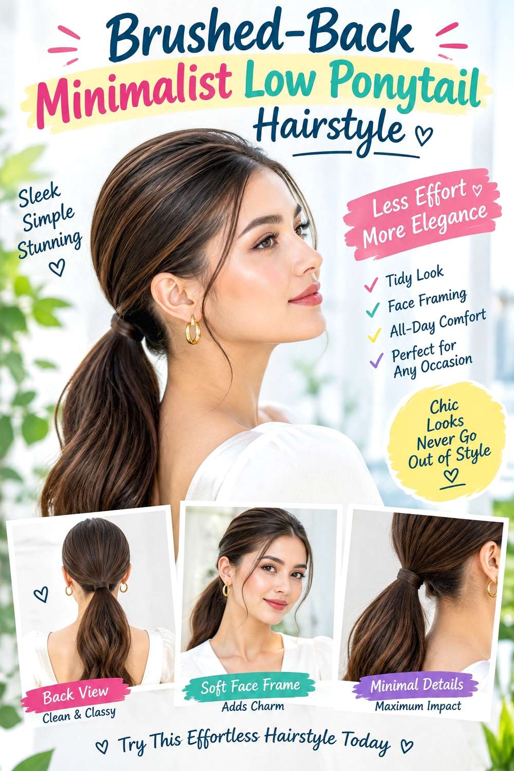 Brushed-Back Minimalist Low Ponytail Hairstyle