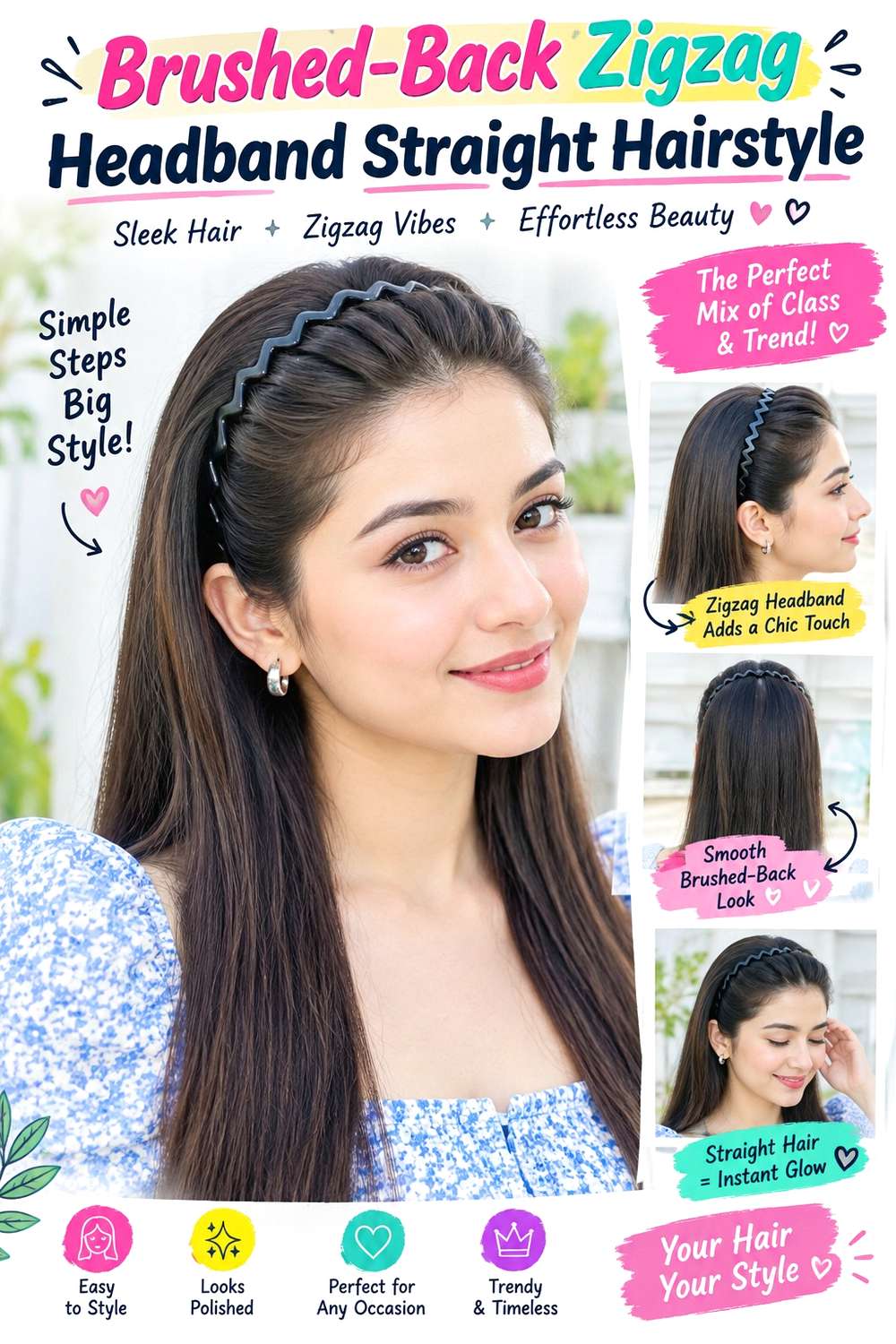 Brushed-Back Zigzag Headband Straight Hairstyle
