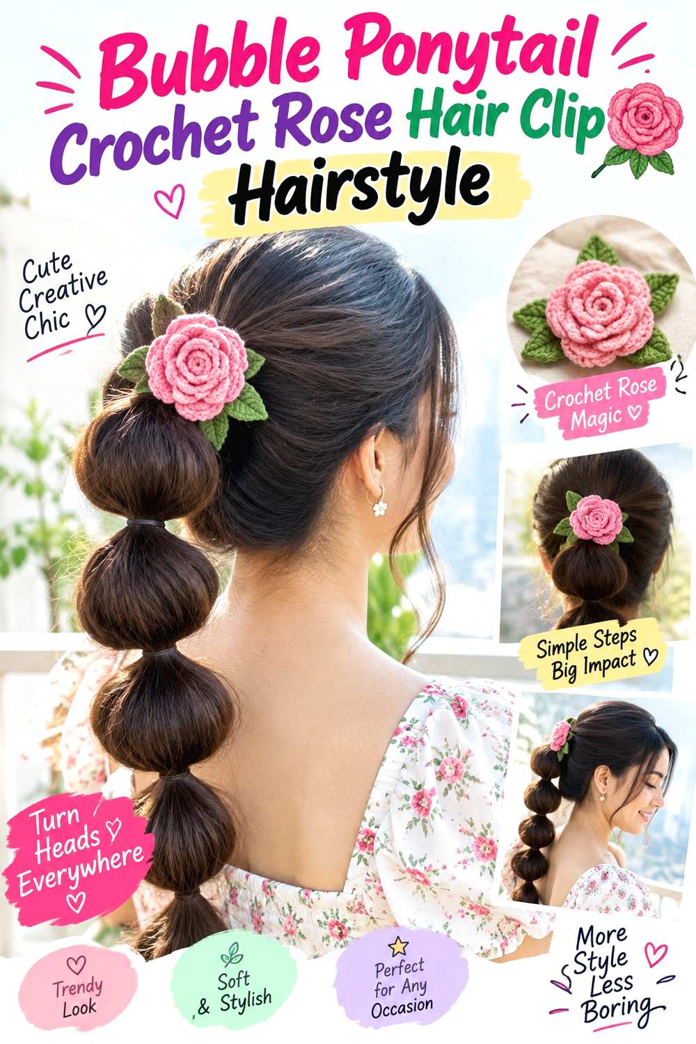 Bubble Ponytail Crochet Rose Hair Clip Hairstyle