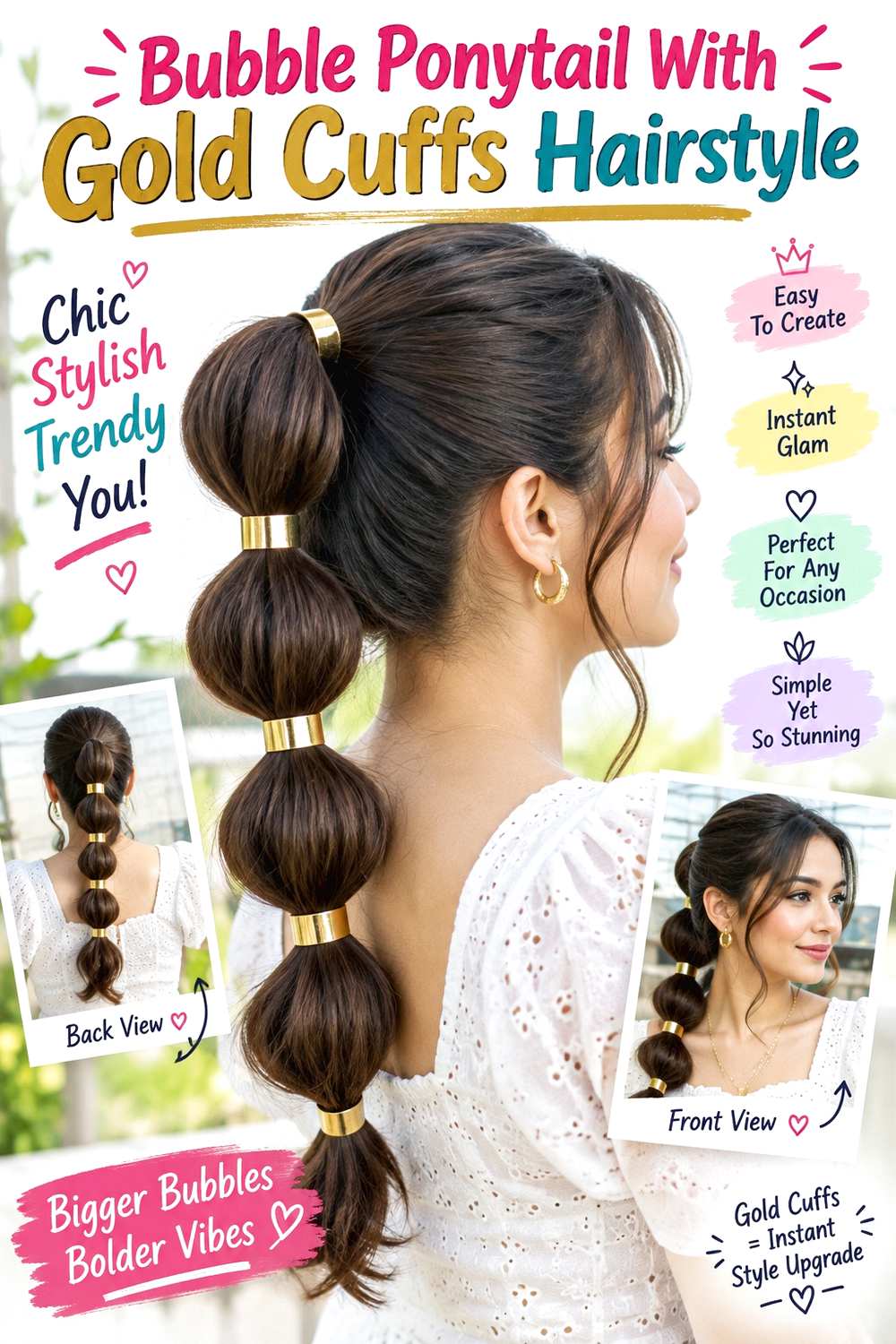 Bubble Ponytail With Gold Cuffs Hairstyle