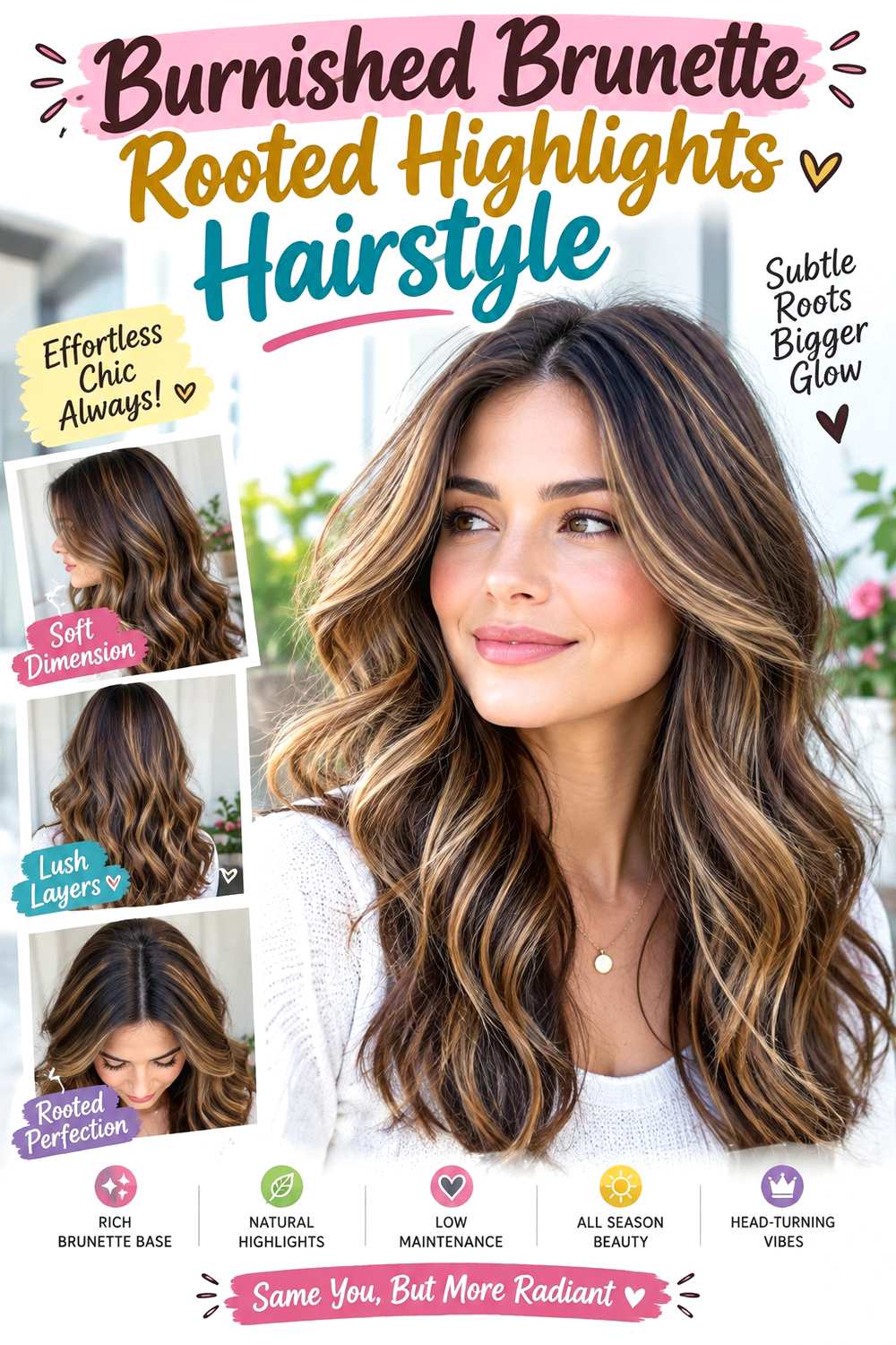 Burnished Brunette Rooted Highlights Hairstyle