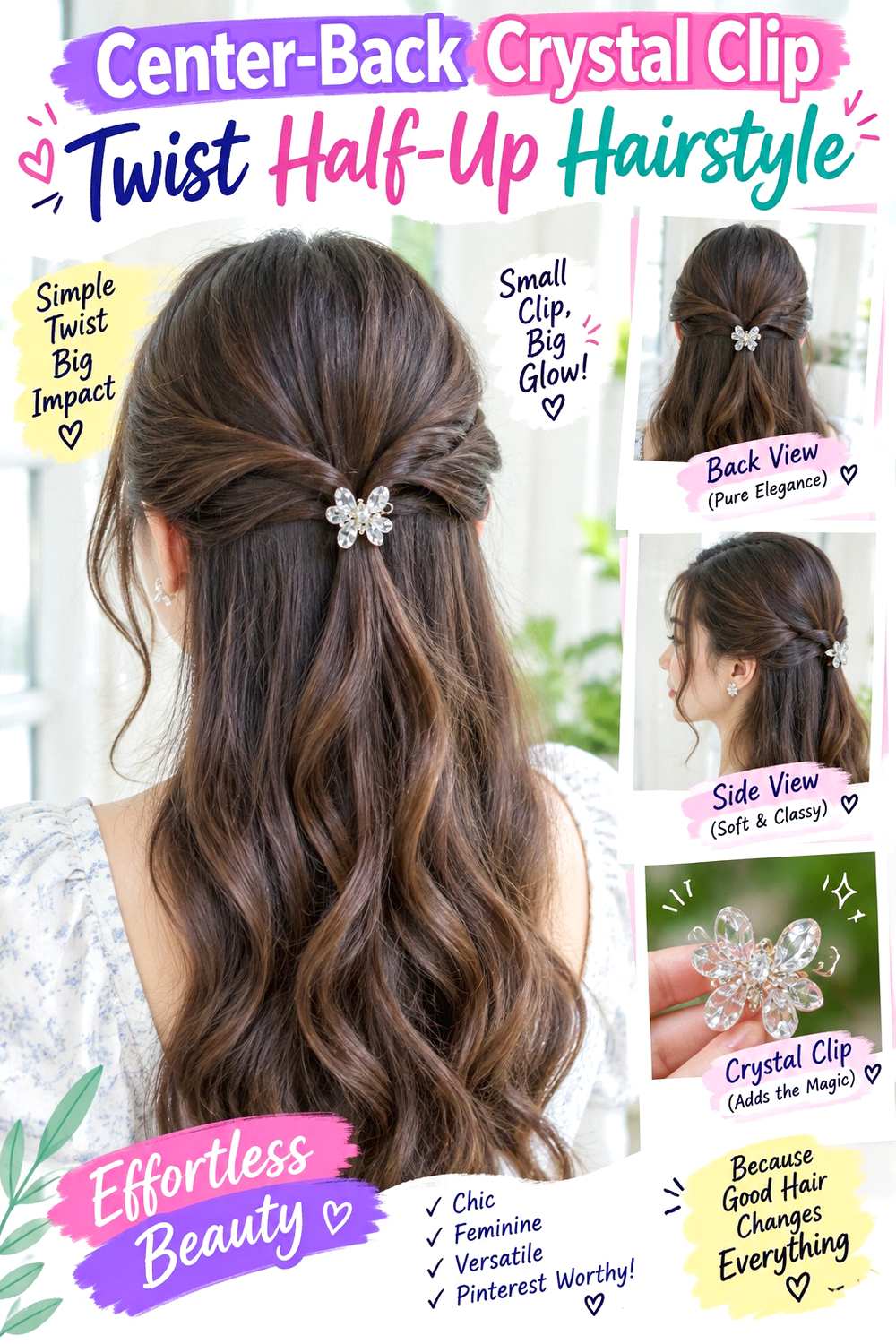 Center-Back Crystal Clip Twist Half-Up Hairstyle